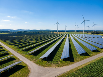 Bild KI generiert: Freiflächen‑Solaranlage und Windräder im Hintergrund Eine große Freiflächen‑Solaranlage mit vielen Reihen von Solarpaneelen erstreckt sich über ein grünes Feld. Im Hintergrund stehen mehrere Windräder. Der Himmel ist klar und blau.