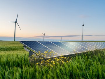 Bild KI generiert: Photovoltaik-Anlage auf Agrarfläche mit Windkraftanlagen im Hintergrund Photovoltaik-Anlage auf Agrarfläche mit Windkraftanlagen im Hintergrund