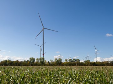 Panoramablick auf den Windpark Hochheim bei strahlend blauem Himmel Panoramablick auf den Windpark Hochheim bei strahlend blauem Himmel