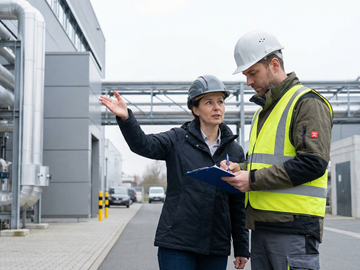 Bild KI generiert: Zwei Personen im Gespräch auf einem Industriegelände Zwei Personen in Schutzhelmen stehen auf einem Industriegelände. Eine Person deutet nach vorn, die andere schreibt auf einem Klemmbrett. Im Hintergrund sind Gebäude, Leitungen und Rohrsysteme zu sehen.