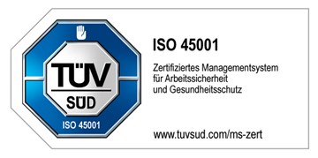 TUEV Zertifikat Arbeitssicherheit und Gesundheitsschutz ISO 45001 Die Grafik zeigt ein Zertifizierungsabzeichen. Das Abzeichen weist auf eine Zertifizierung nach dem internationalen Standard ISO 45001 hin, der für Managementsysteme im Bereich Arbeitssicherheit und Gesundheitsschutz steht.