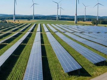 Photovoltaikanlage und Windräder Eine große Freiflächen‑Solaranlage mit vielen Reihen von Solarpaneelen erstreckt sich über ein grünes Feld. Im Hintergrund stehen mehrere Windräder. Der Himmel ist klar und blau.